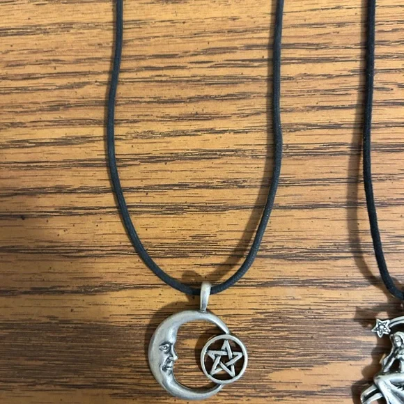 Two Stainless Steel  Moon and Fairy Pendant Necklace On Black Cord - Picture 2 of 4
